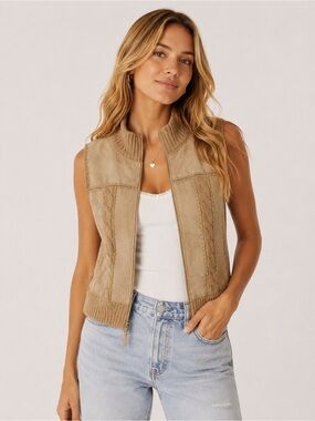 Vintage Designers Studio Originals Suede Leather and Cable Knit Vest Tan Size M